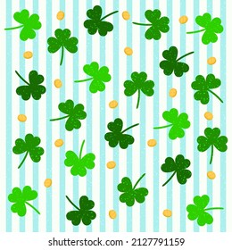 Happy St. Patrick's Day, background with clover leaves and golden coins.