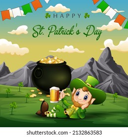 Happy St Patrick's Day background sign with a Leprechaun holding a glass of beer