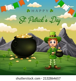 Happy St Patrick's Day background with a Leprechaun holding a pot of gold coins