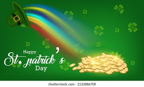 Happy St. Patrick's Day. background green shamrock full of gold coins at the end of the rainbow. web banner, poster design vector illustration.
