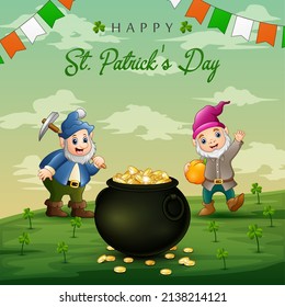 Happy St Patrick's Day background with two cute dwarfs