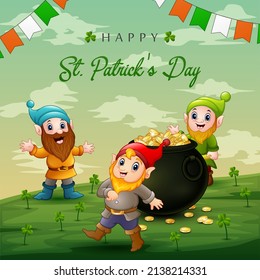 Happy St Patrick's Day background with dwarfs and a pot of gold