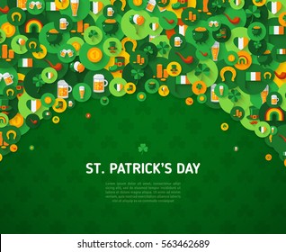 Happy St. Patrick's Day Background with Circle Flat Icons. Vector illustration. Pub Party Invitation template or menu cover design