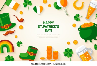 Happy St. Patrick's Day Background with Irish Flat Icons. Vector illustration.