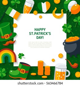 Happy St. Patrick's Day Background. Flat Irish Icons with Square Frame. Vector illustration.