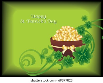 happy st patricks day background with gold coins earthenware, curve floral