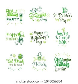 Happy St. Patricks Day Badges Set, Hand Drawn Irish Holiday Lettering Typography Icon Vector Illustration