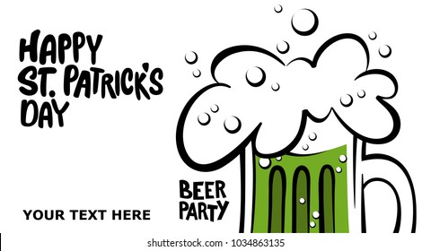 Happy St. Patrick's Day banner.  Illustration of a beer mug with lettering St. Patrick's Day. Beer party. Green beer