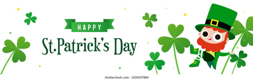 Happy St. Patrick's Day Banner vector illustration. Cute Leprechaun with Shamrock on white background.