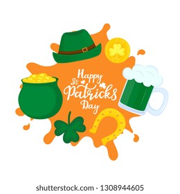 Happy St. Patrick's Day banner. A pot of gold, mug of beer, a horseshoe for good luck, a shamrock, a green hat are attributes of a national Irish holiday