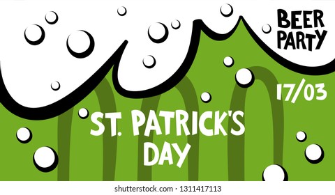 Happy St. Patrick's Day banner.  Illustration of a beer mug with lettering St. Patrick's Day. Beer party.