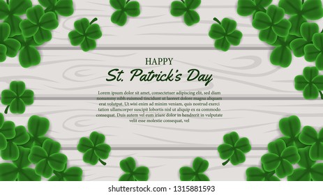 Happy St. Patrick's day banner template with illustration of clover leaves group on the wood