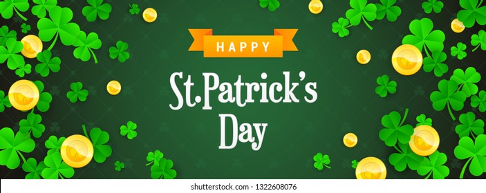 Happy St. Patrick's Day Banner vector illustration. Shamrock frame with golden coins on green pattern background.