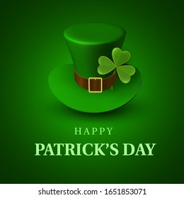 Happy St. Patrick's Day banner. Greeting card with green leprechaun hat with a strap and clover leaf on green background. Irish traditional national holiday. Ethnic Ireland spring festival. 3d vector