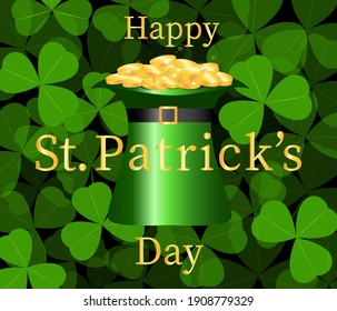 Happy St. Patrick's Day banner. Hat with money, clover, text. Vector illustration.