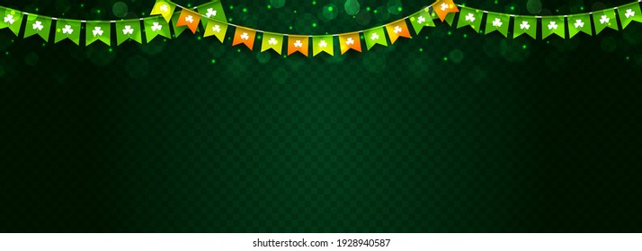 Feliz Día de San Patricio, banner o diseño de afiches sobre fondo verde decorado con banderas de afiche.