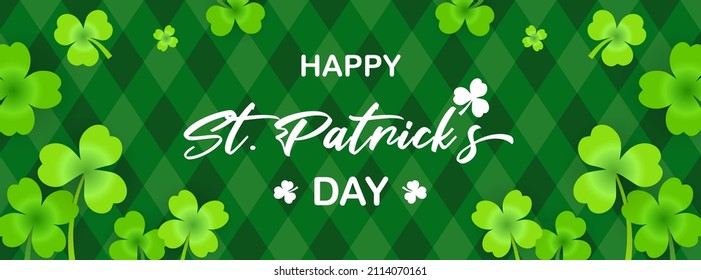 Happy St. Patrick's Day Banner vector illustration. Shamrock on green argyle pattern.