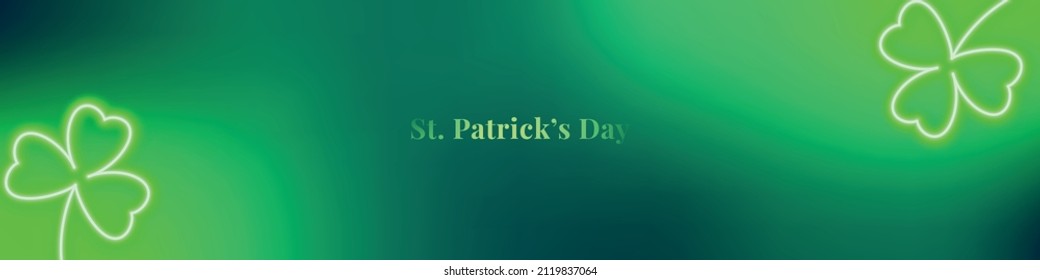 Happy St. Patrick's Day banner with neon shamrocks. Glowing luck sign. Long horizontal template for Saint Patrick day celebration.