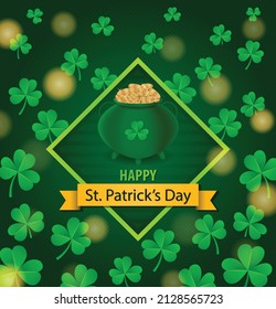 Happy St. Patrick's Day Banner Flyer vector illustration. Shamrock with golden coins pot on dark green pattern background. Greeting card for Saint Patrick