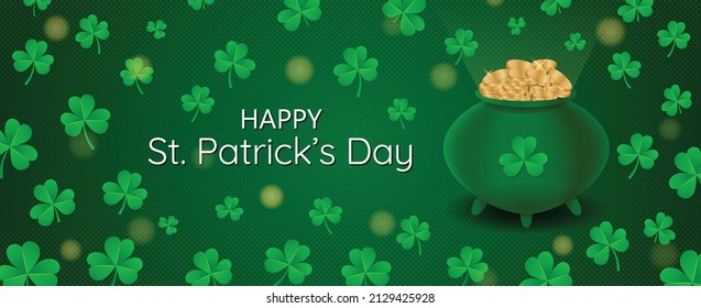 Happy St. Patrick's Day Banner Flyer vector illustration. Website header. Shamrock with golden coins pot on dark green pattern background. Greeting card for Saint Patrick