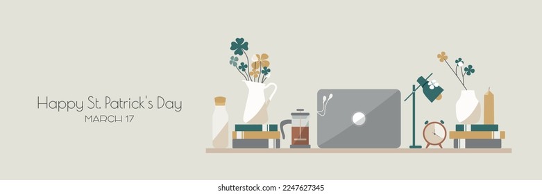 Happy St. Patrick's Day banner. Cozy workspace concept. Modern minimal design.