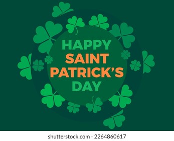 Happy St. Patrick's Day banner with green clover leaves. Festive round banner design with clover leaves. Background for greeting card, wrapping paper, promotional materials. Vector illustration