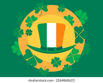 Happy St. Patrick's Day banner with clover leaves and leprechaun hat in Ireland flag colors. Design for greeting card, poster and banner. Vector illustration