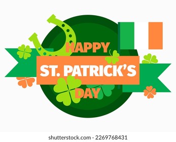 Happy St. Patrick's Day banner with clover, ribbon, horseshoe and Ireland flag isolated on white background. Design for greeting card, promotional material and invitation. Vector illustration