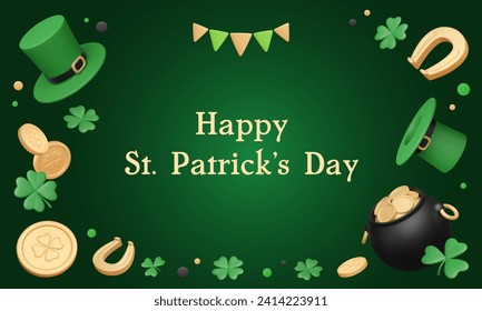 Alegre banner del Día de San Patricio con marco de sombreros verdes 3d, herradura dorada y rendimientos de monedas, hojas de trébol, aferrado y confetti, olla con dinero. Ilustración vectorial, plantilla de promoción. Volante de la suerte.