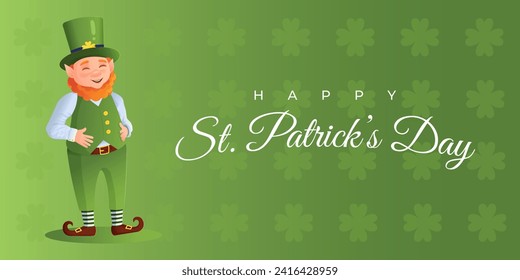 Happy St. Patricks Day banner with leprechaun. Green pattern background with clover leaves. Cartoon style vector illustration.