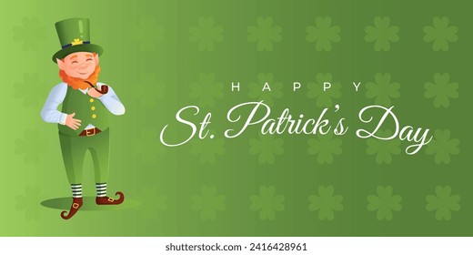 Happy St. Patricks Day banner with leprechaun with pipe. Green pattern background with clover leaves. Cartoon style vector illustration.