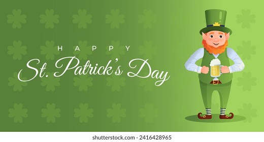 Happy St. Patricks Day banner with leprechaun with ale. Green pattern background with clover leaves. Cartoon style vector illustration.