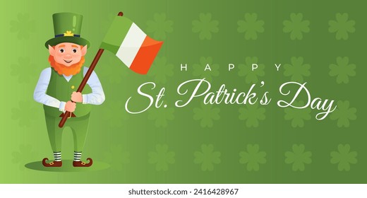 Happy St. Patricks Day banner with leprechaun with irish flag. Green pattern background with clover leaves. Cartoon style vector illustration.