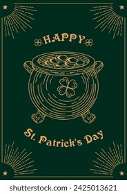 Happy St. Patricks Day banner. Four leaf clover, good luck. Leprechauns gold cauldron. Vintage lettering, retro illustration. Magic, religious traditions. For banner, website, poster, flyer.