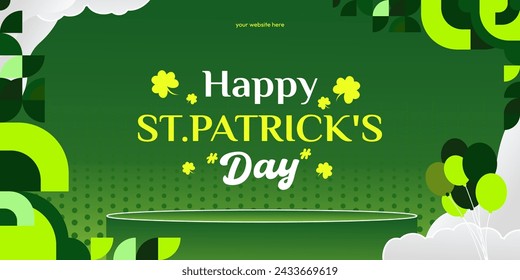 Happy St Patrick's Day banner in modern geometric style. Great for greeting covers, social posters and St Patrick's Day celebration party invitations with text. Vector illustration