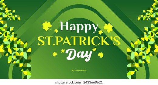 Happy St Patrick's Day banner in modern geometric style. Great for greeting covers, social posters and St Patrick's Day celebration party invitations with text. Vector illustration