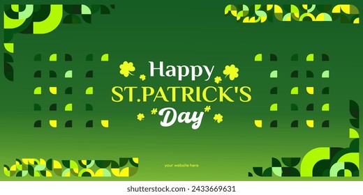 Happy St Patrick's Day banner in modern geometric style. Great for greeting covers, social posters and St Patrick's Day celebration party invitations with text. Vector illustration