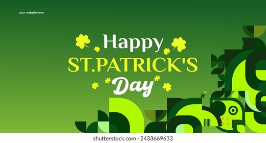 Happy St Patrick's Day banner in modern geometric style. Great for greeting covers, social posters and St Patrick's Day celebration party invitations with text. Vector illustration