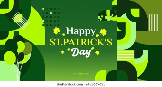 Happy St Patrick's Day banner in modern geometric style. Great for greeting covers, social posters and St Patrick's Day celebration party invitations with text. Vector illustration
