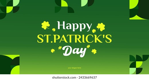 Happy St Patrick's Day banner in modern geometric style. Great for greeting covers, social posters and St Patrick's Day celebration party invitations with text. Vector illustration