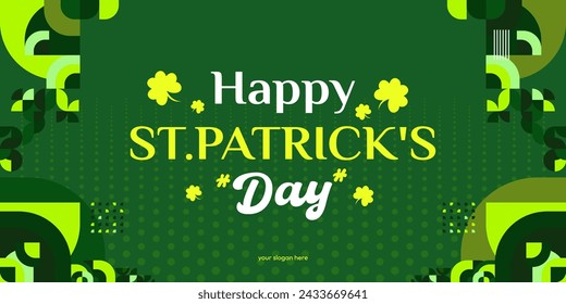 Happy St Patrick's Day banner in modern geometric style. Great for greeting covers, social posters and St Patrick's Day celebration party invitations with text. Vector illustration