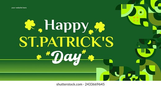 Happy St Patrick's Day banner in modern geometric style. Great for greeting covers, social posters and St Patrick's Day celebration party invitations with text. Vector illustration