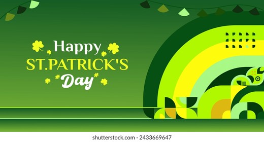 Happy St Patrick's Day banner in modern geometric style. Great for greeting covers, social posters and St Patrick's Day celebration party invitations with text. Vector illustration