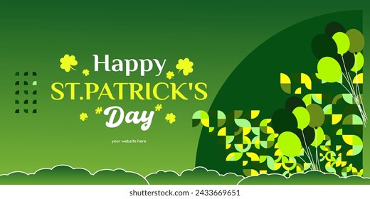 Happy St Patrick's Day banner in modern geometric style. Great for greeting covers, social posters and St Patrick's Day celebration party invitations with text. Vector illustration