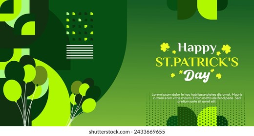 Happy St Patrick's Day banner in modern geometric style. Great for greeting covers, social posters and St Patrick's Day celebration party invitations with text. Vector illustration