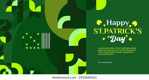 Happy St Patrick's Day banner in modern geometric style. Great for greeting covers, social posters and St Patrick's Day celebration party invitations with text. Vector illustration