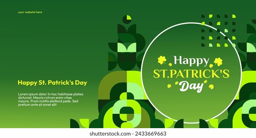 Happy St Patrick's Day banner in modern geometric style. Great for greeting covers, social posters and St Patrick's Day celebration party invitations with text. Vector illustration