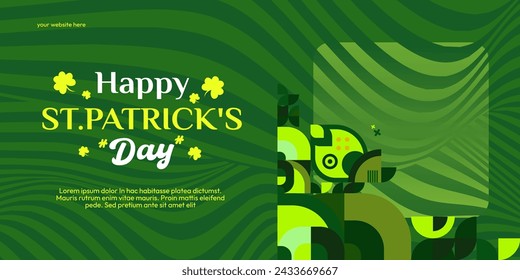 Happy St Patrick's Day banner in modern geometric style. Great for greeting covers, social posters and St Patrick's Day celebration party invitations with text. Vector illustration