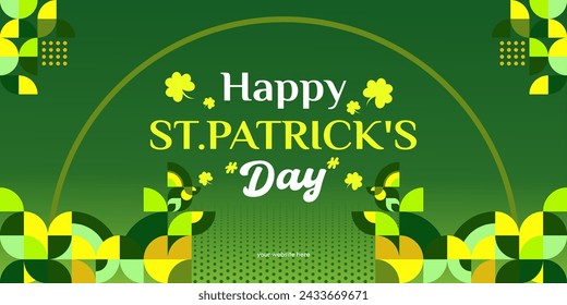 Happy St Patrick's Day banner in modern geometric style. Great for greeting covers, social posters and St Patrick's Day celebration party invitations with text. Vector illustration