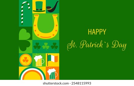 Happy St. Patrick`s Day banner. Horizontal poster, greeting card, header for website. Modern neo geometric abstract background. Vector illustration